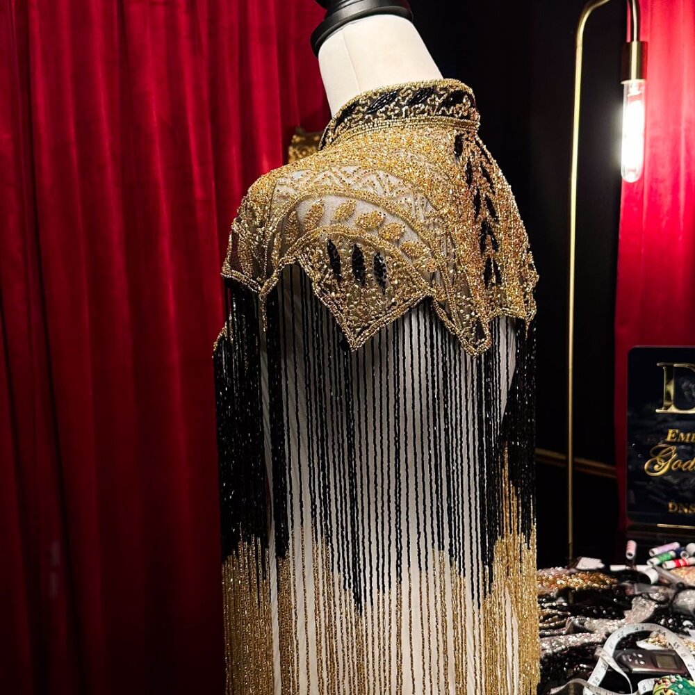 Black Gold Beaded Fringe Cape, Sequin Festival Bolero, Luxury Embellished Shawl - Picture 5 of 12